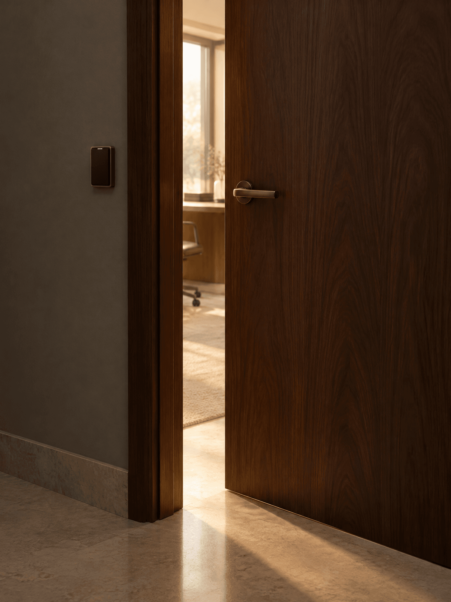 A walnut suite door, slightly open, with light falling into the hallway
