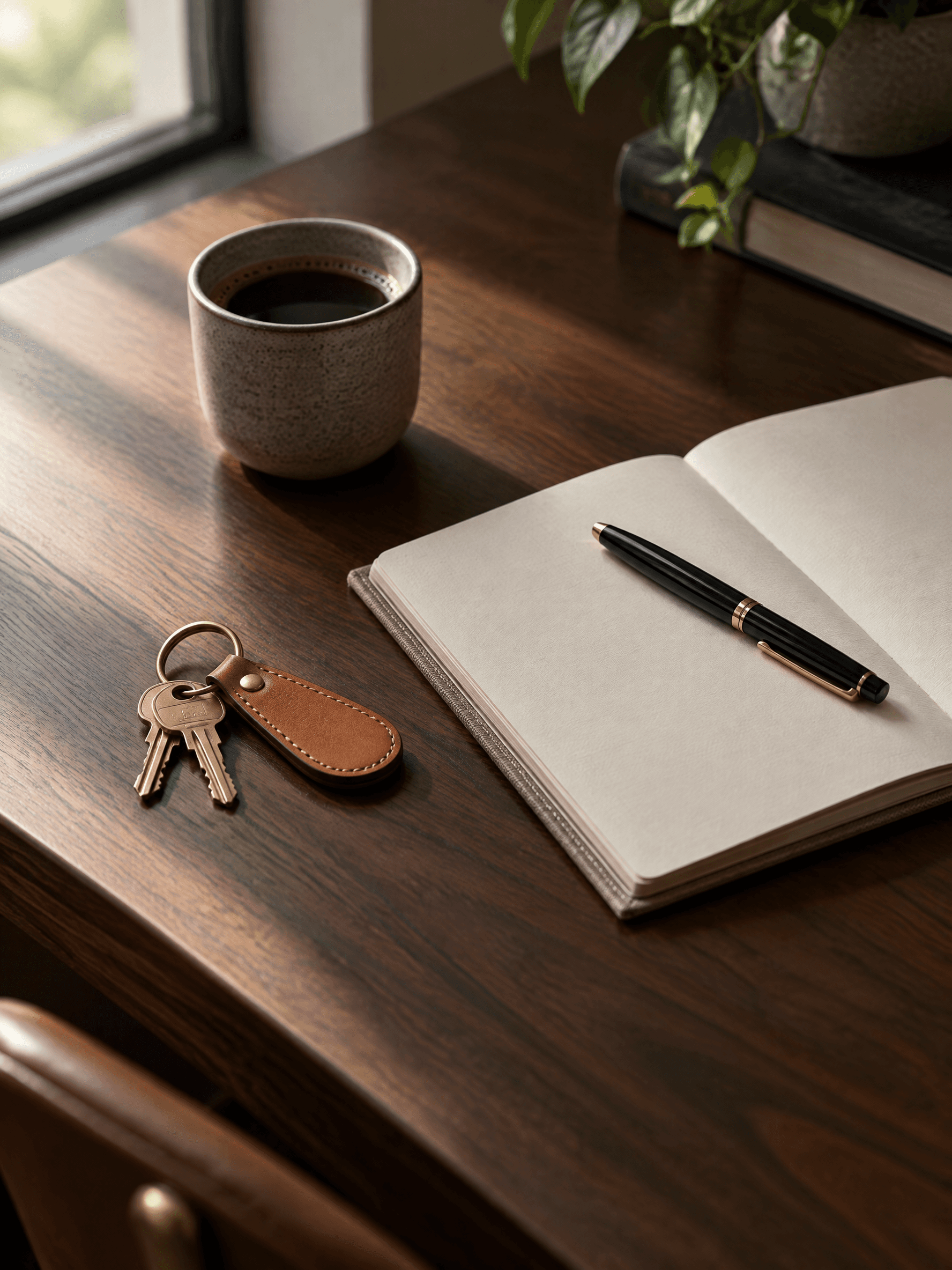 Suite keys, an open notebook and a coffee on a walnut desk