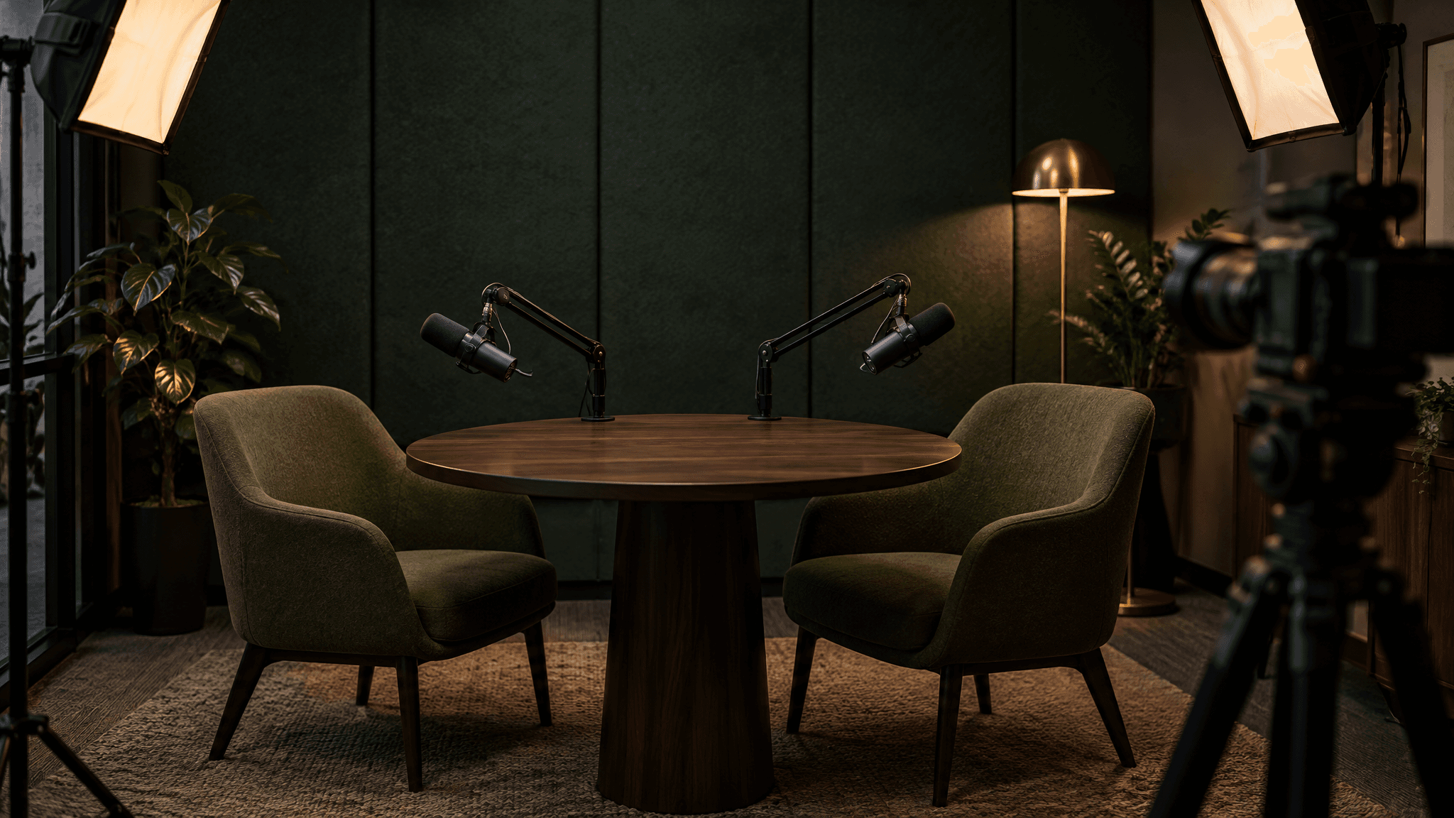 The recording studio: two microphones over a round walnut table between green chairs