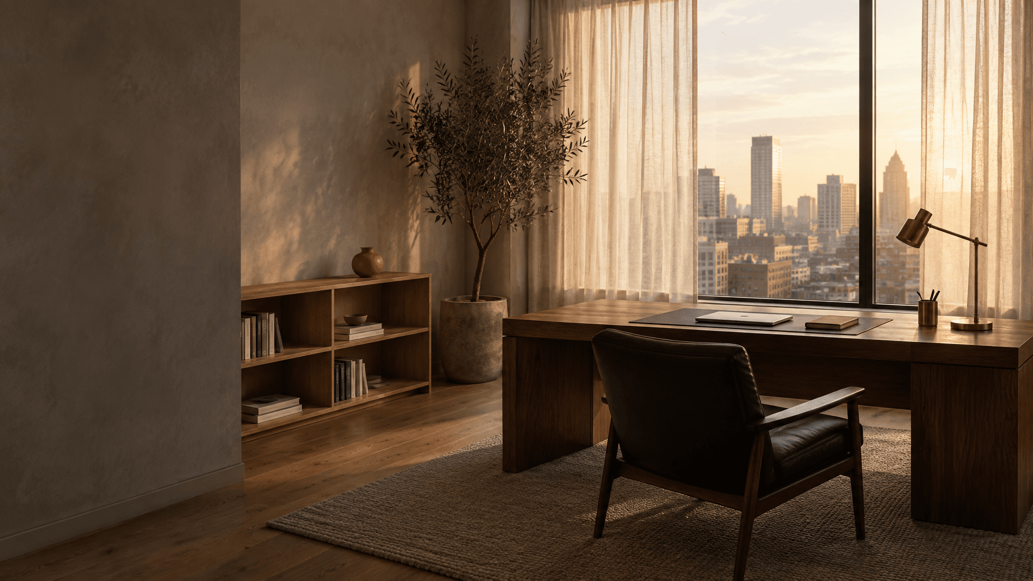 A private suite with a walnut desk, leather chair and olive tree in late afternoon light